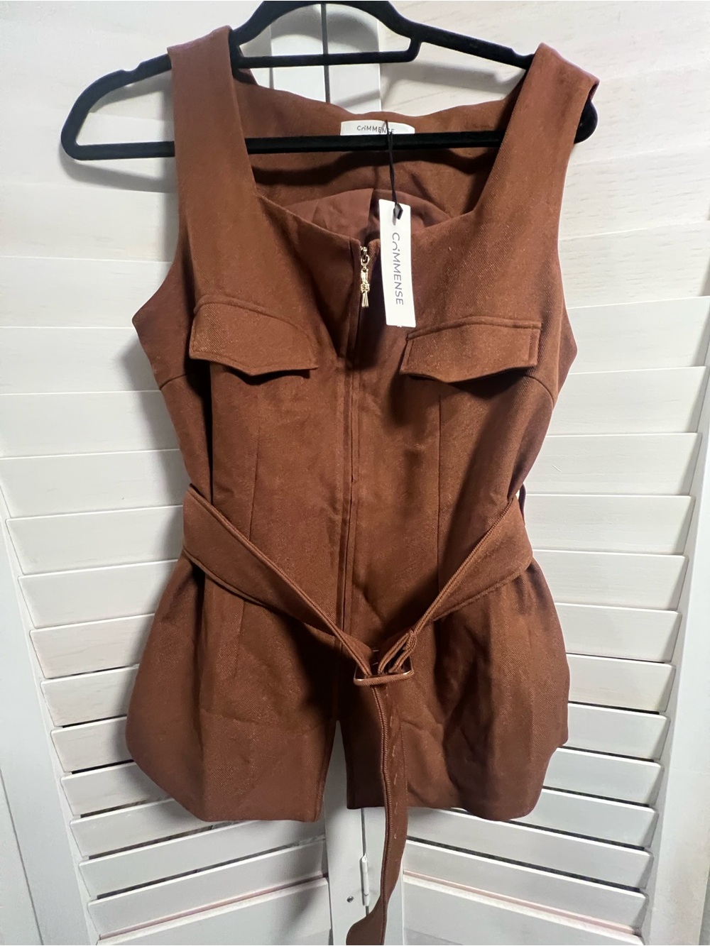 Commense Sleeveless Brown Belted Tunic Top